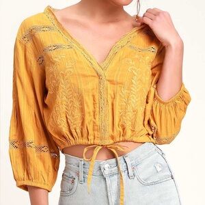Free People Follow Your Heart Golden Yellow Embroidered Crop Top - XS